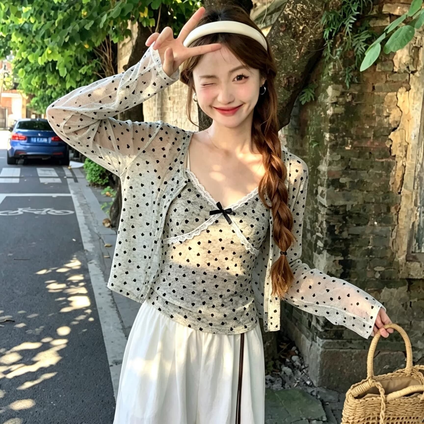 실사 눈 푸 우유 서리 순수한 욕망 바람 헤일로 염색 하트 프린트 식물 플러시 레이스 슬립 자외선 차단 오픈 가디건 이미지 5