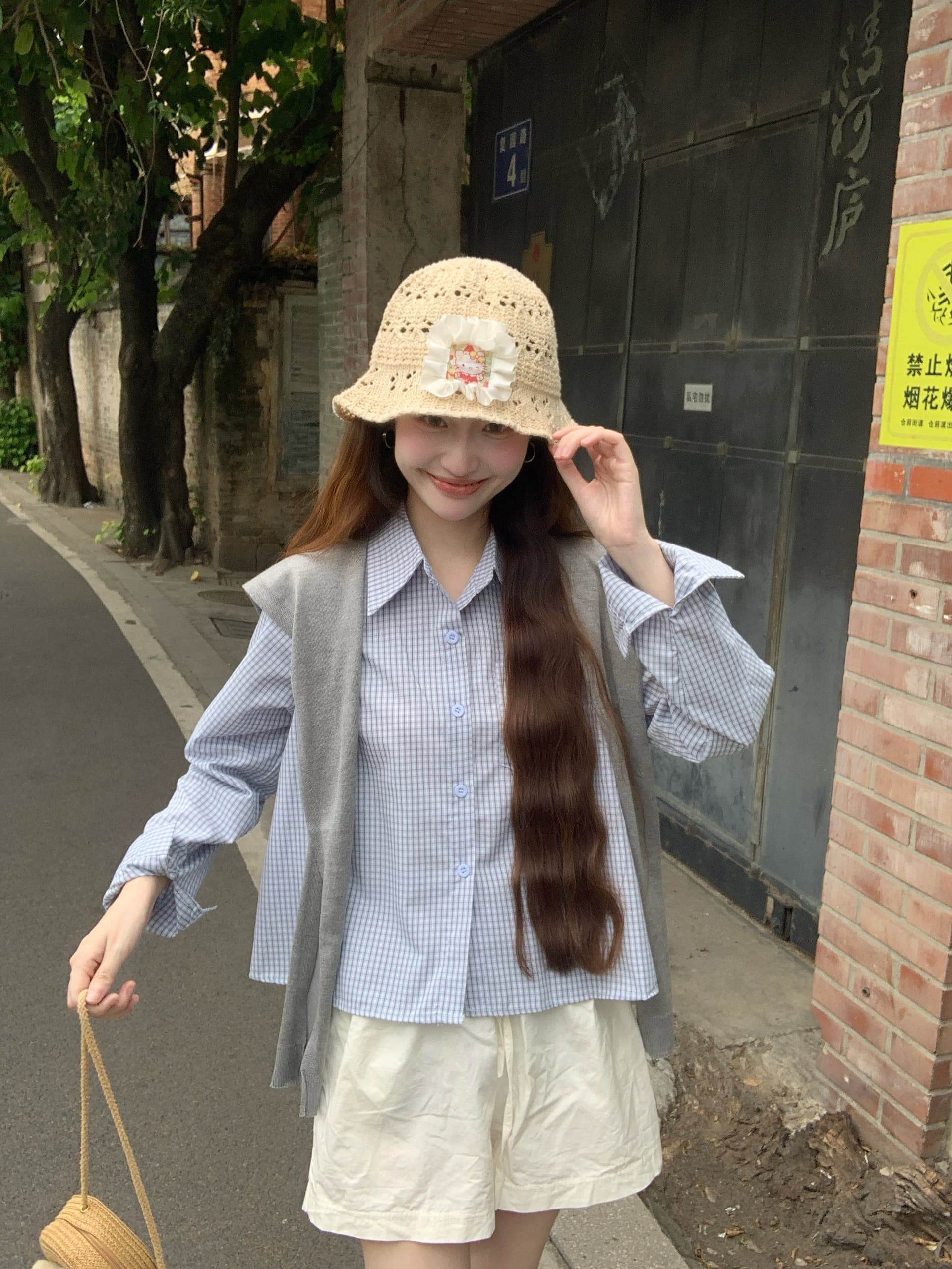 실사 2026 미니멀리즘 학원 가을 miu 부서 한 부서 격자 무늬 셔츠 루즈핏 긴팔 맨위 경기 숄 이미지 3