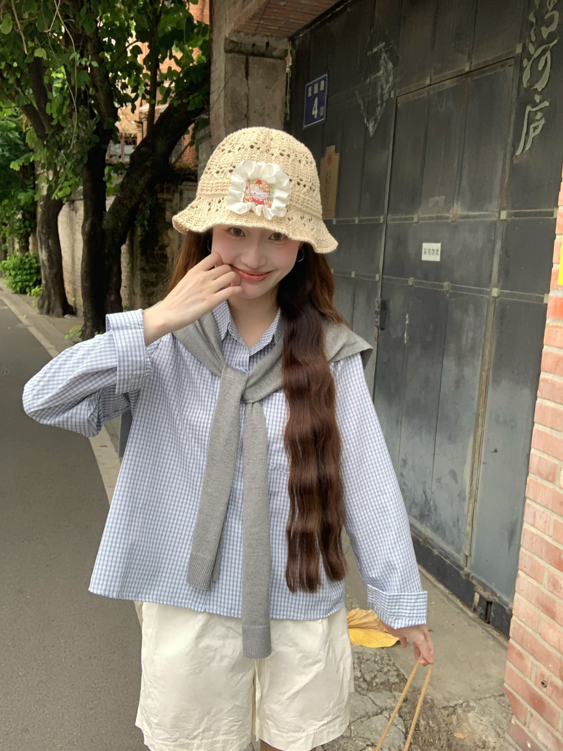 실사 2026 미니멀리즘 학원 가을 miu 부서 한 부서 격자 무늬 셔츠 루즈핏 긴팔 맨위 경기 숄 상세 이미지 17