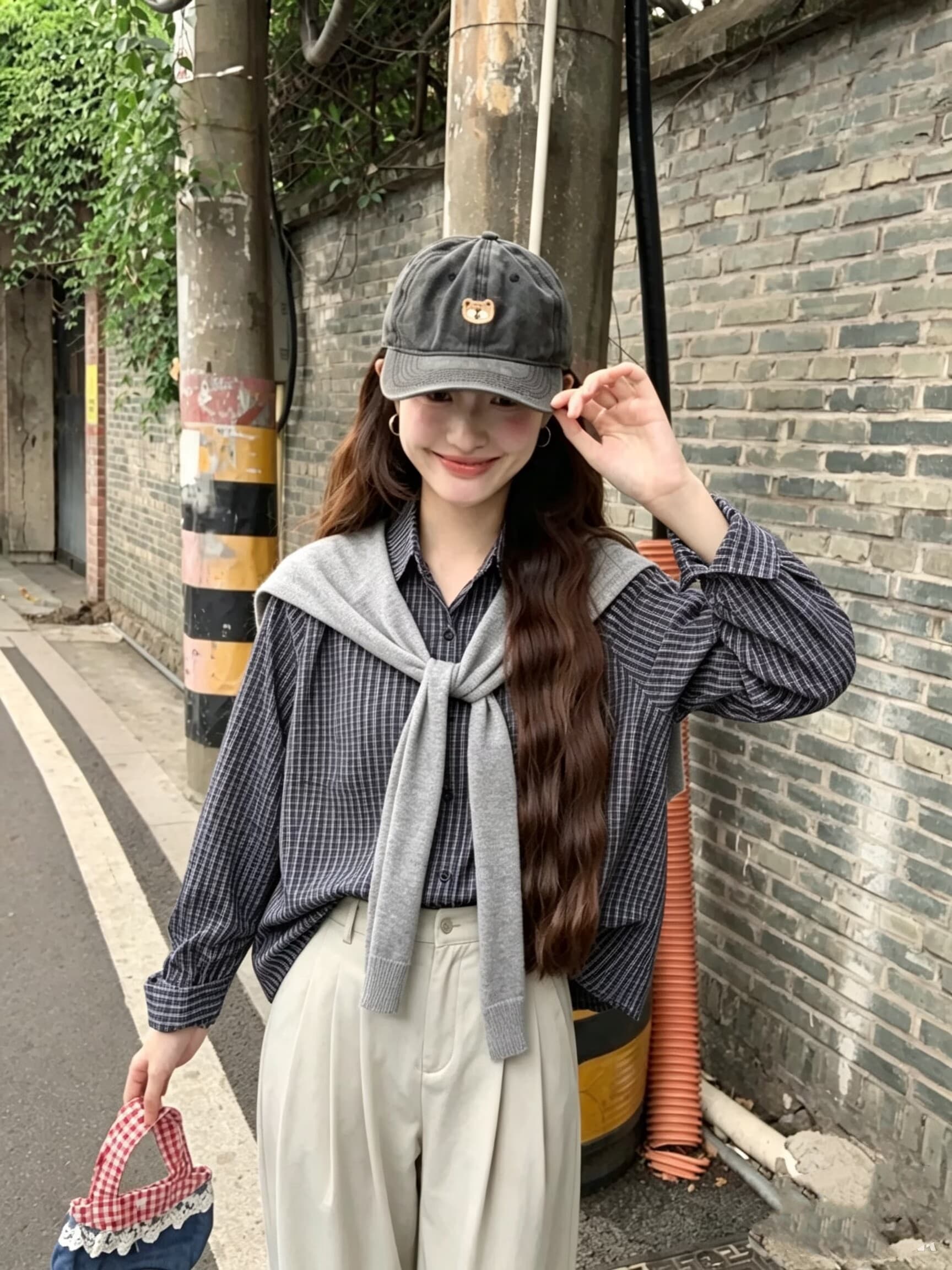 실사 2026 미니멀리즘 학원 가을 miu 부서 한 부서 격자 무늬 셔츠 루즈핏 긴팔 맨위 경기 숄 상세 이미지 12
