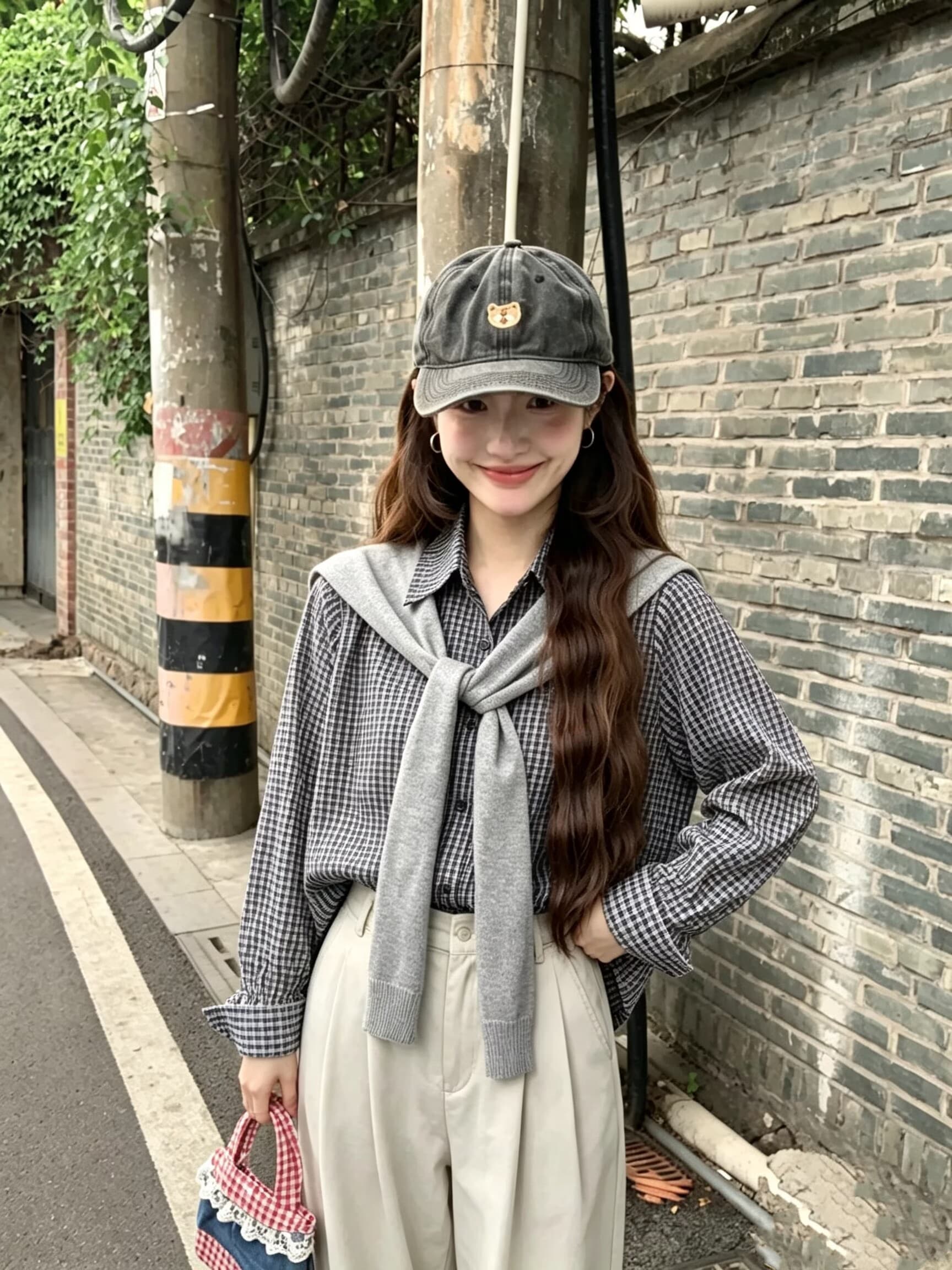 실사 2026 미니멀리즘 학원 가을 miu 부서 한 부서 격자 무늬 셔츠 루즈핏 긴팔 맨위 경기 숄 상세 이미지 13