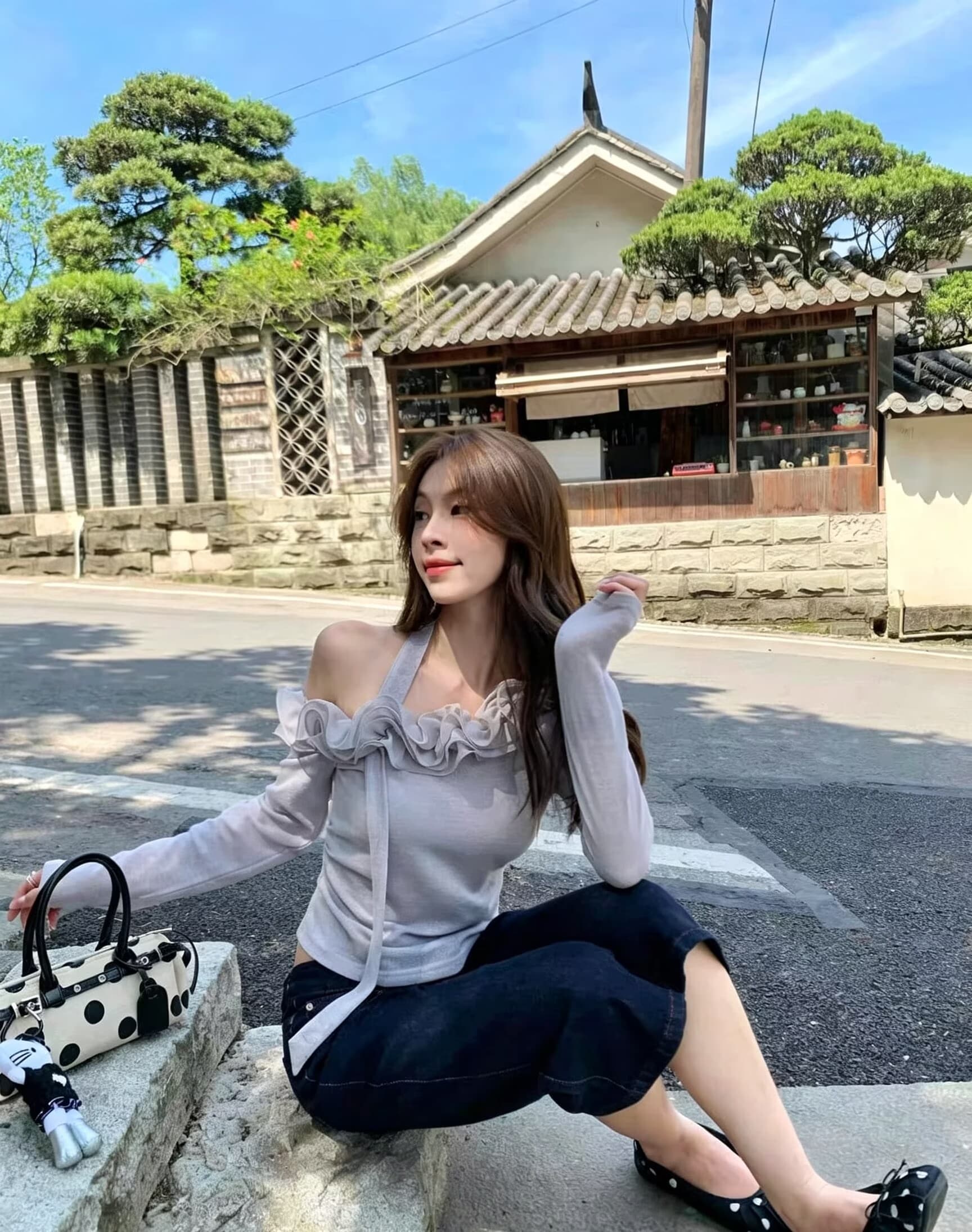 실사 프랑스식 낭만주의 Chic 3 차원 레이스 비스듬한 어깨 디자인 센스 작은 셔츠 여성 이른 가을 품격 몸매 가꾸기 맨위 상세 이미지 18