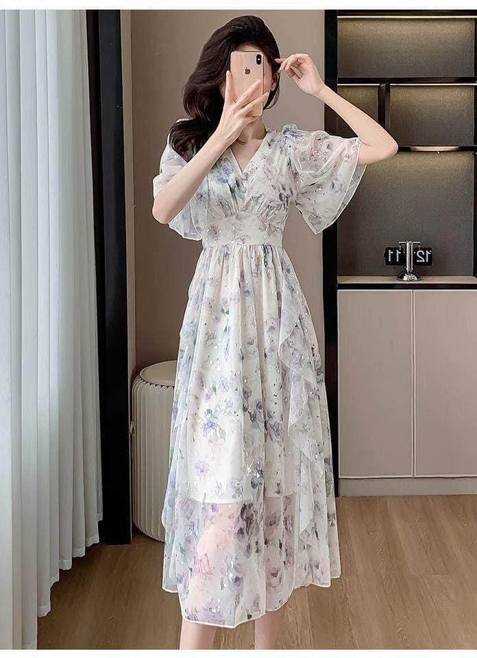 2026 년 슈퍼 요정 프랑스식 달콤함 연령 감소 품격 V넥 다용도 비즈 박기 프린트 허리 수축 큰 진자 꽃무늬 드레스 상세 이미지 14