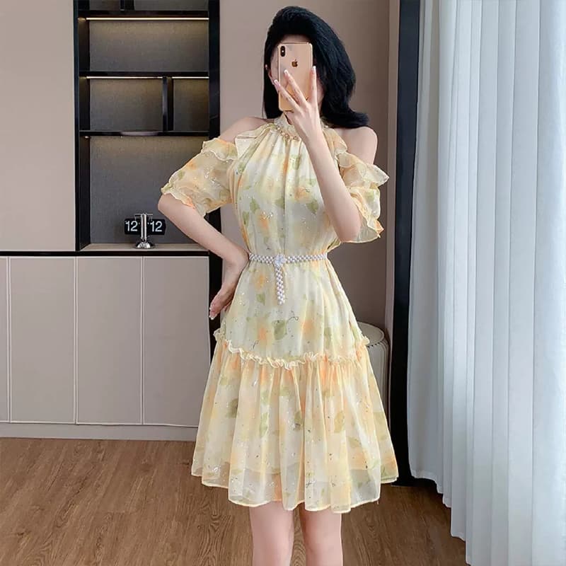 2026 년 여름 새로운 해변가 요정 여성 휴가 치마 프랑스식 오프숄더 도파민 꽃무늬 달콤함 드레스