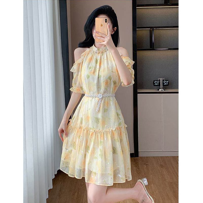 2026 년 여름 새로운 해변가 요정 여성 휴가 치마 프랑스식 오프숄더 도파민 꽃무늬 달콤함 드레스 이미지 5