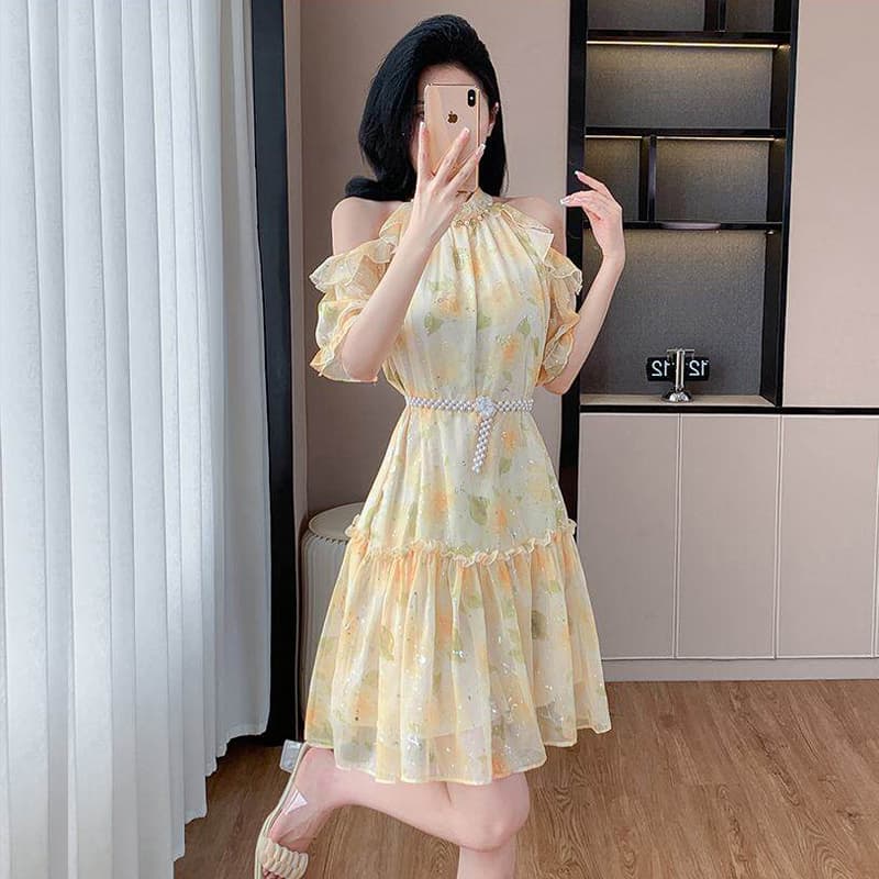 2026 년 여름 새로운 해변가 요정 여성 휴가 치마 프랑스식 오프숄더 도파민 꽃무늬 달콤함 드레스 이미지 4