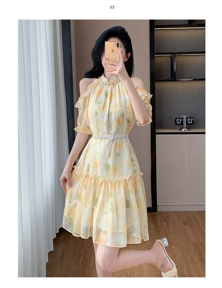 2026 년 여름 새로운 해변가 요정 여성 휴가 치마 프랑스식 오프숄더 도파민 꽃무늬 달콤함 드레스 상세 이미지 7