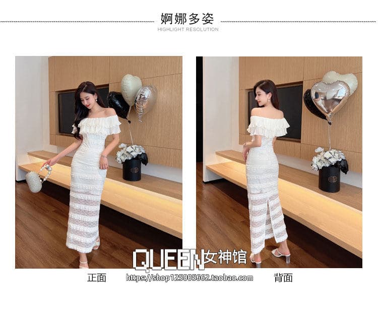 2026 봄 여름 새로운 고급 품격 프랑스식 레이스 홀로우 아웃 오프숄더 연꽃 잎 소매 드레스 허리 수축 타이트 스커트 상세 이미지 5