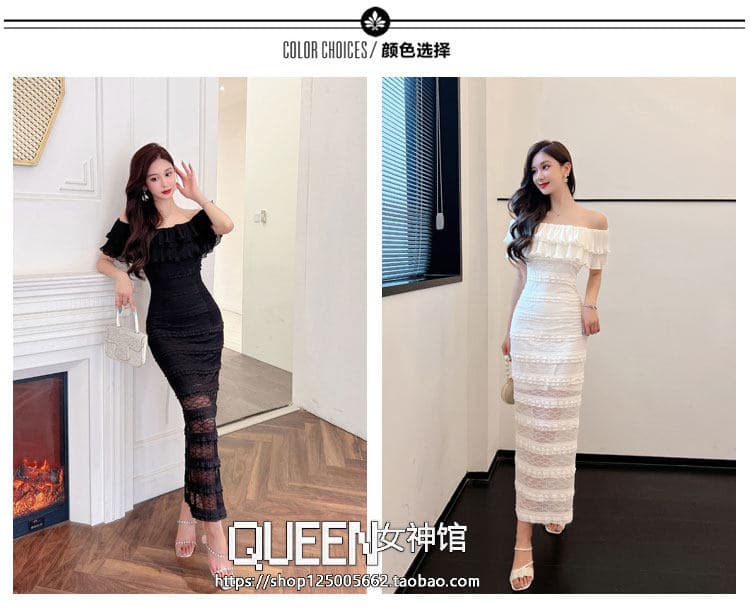 2026 봄 여름 새로운 고급 품격 프랑스식 레이스 홀로우 아웃 오프숄더 연꽃 잎 소매 드레스 허리 수축 타이트 스커트 상세 이미지 7