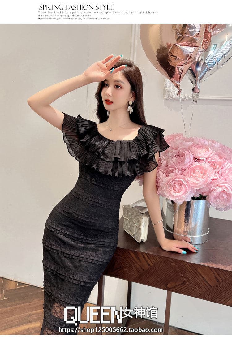 2026 봄 여름 새로운 고급 품격 프랑스식 레이스 홀로우 아웃 오프숄더 연꽃 잎 소매 드레스 허리 수축 타이트 스커트 상세 이미지 12