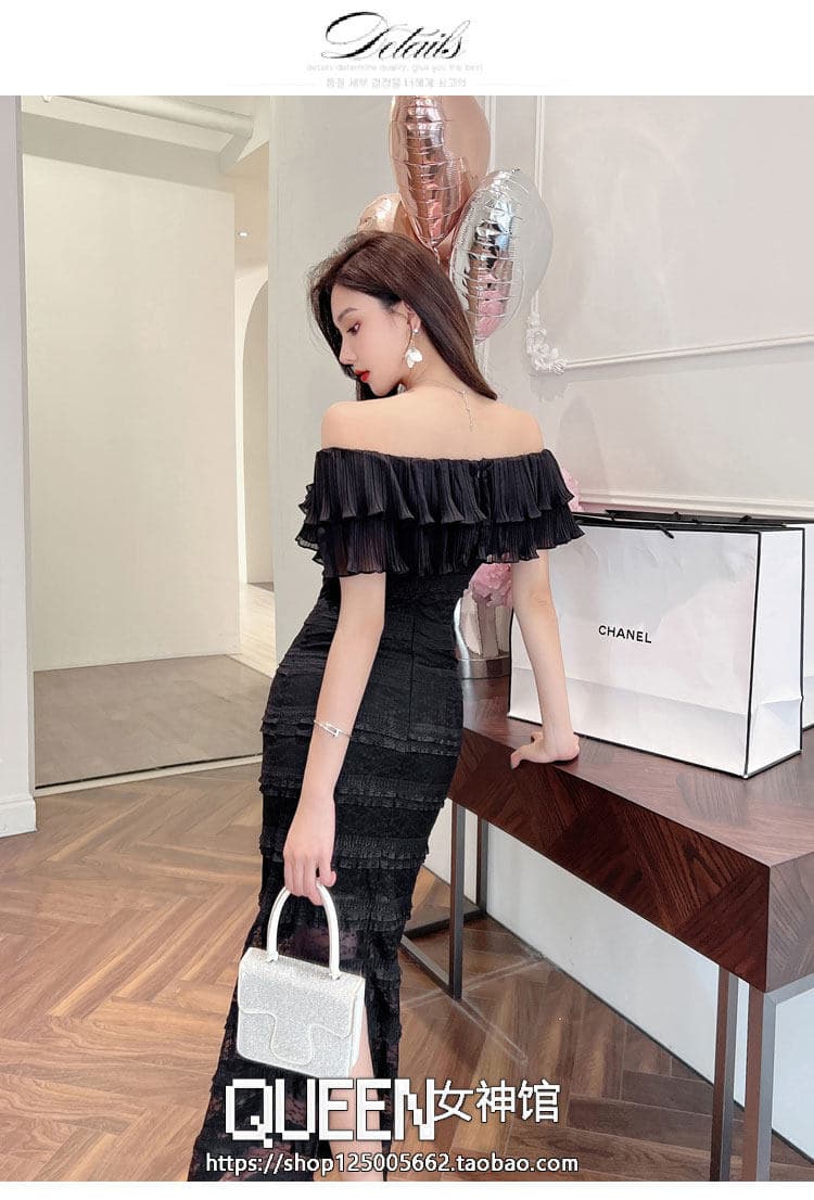 2026 봄 여름 새로운 고급 품격 프랑스식 레이스 홀로우 아웃 오프숄더 연꽃 잎 소매 드레스 허리 수축 타이트 스커트 상세 이미지 14