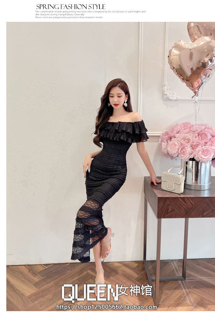 2026 봄 여름 새로운 고급 품격 프랑스식 레이스 홀로우 아웃 오프숄더 연꽃 잎 소매 드레스 허리 수축 타이트 스커트 상세 이미지 15