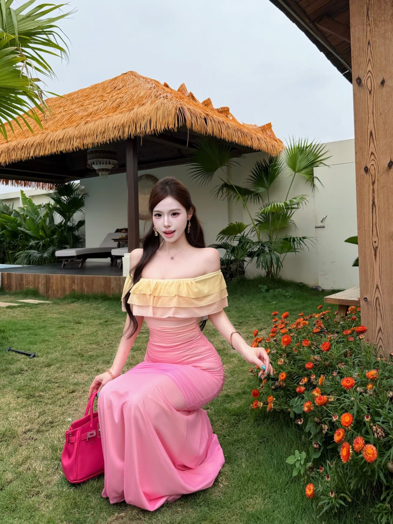 순수한 욕망 바람 그라데이션 색상 프릴 여성 드레스 여름 아름다운 타이트 스커트 치마 품격 허리 수축 디스플레이 몸 롱 스커트 상세 이미지 18