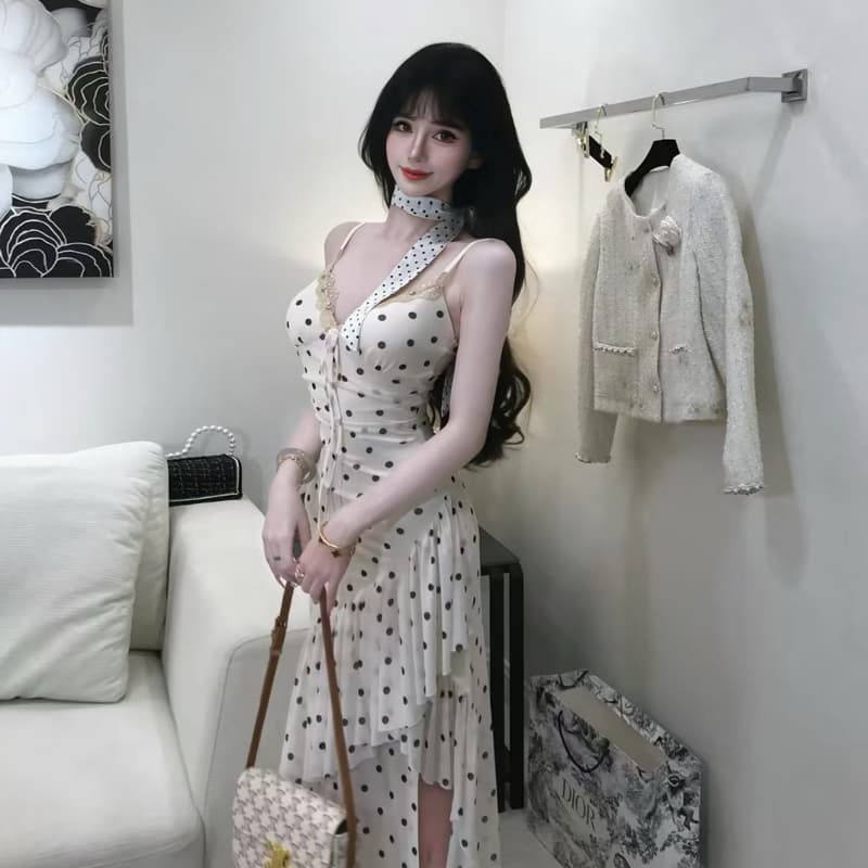 순수한 욕망 바람 도트 무늬 슬립 여성 드레스 2026 여름 새로운 허리 수축 슬림해 보이는 프랑스식 아름다운 연꽃 잎 측면 길이 치마 상세 이미지 6