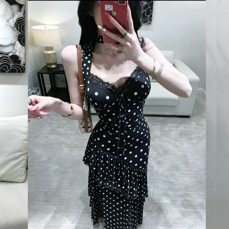 순수한 욕망 바람 도트 무늬 슬립 여성 드레스 2026 여름 새로운 허리 수축 슬림해 보이는 프랑스식 아름다운 연꽃 잎 측면 길이 치마 상세 이미지 10