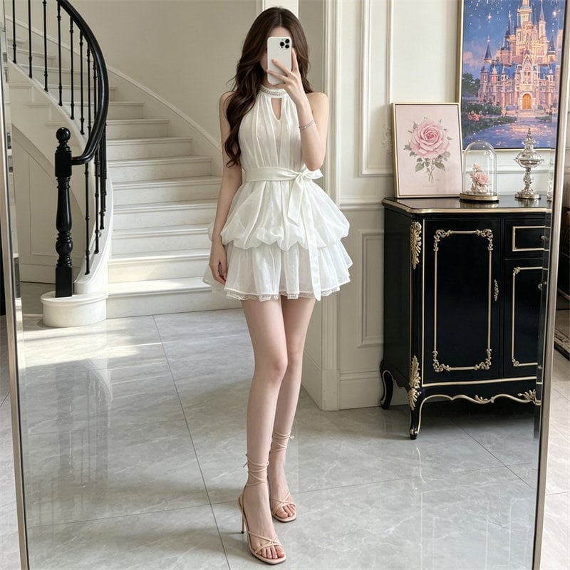 miu 부서 천 금빛 바람 다이아몬드 세팅 행침 목 여성 드레스 여름 고급 센스 품격 허리 수축 민소매 꽃밭 퍼프 스커트 상세 이미지 10