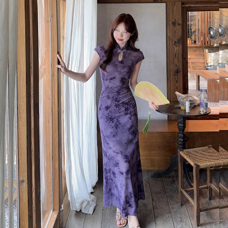 국풍 새로운 중식 보라색 홀로우 아웃 꽃무늬 개선 치파오 드레스 관대 한 점잖은 아름다운 자이언트 잘 생긴 품격 드레스 이미지 3