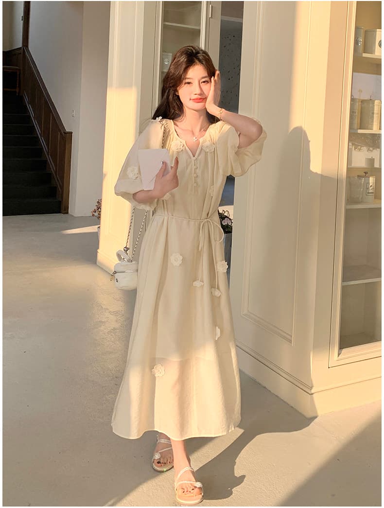 프랑스식 낭만주의 3 차원 꽃 쌀 화이트 여성 드레스 2026 여름 가을 새로운 품격 부드러운 바람 달콤함 롱 스커트 상세 이미지 9