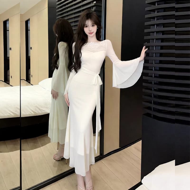 빛 요리 한 패션 오프숄더 하프 ~을 통해 망사 나팔 소매 인어 꼬리 스커트 여성 2026 로얄 자매 섹시함 레이스 여성 드레스 상세 이미지 5