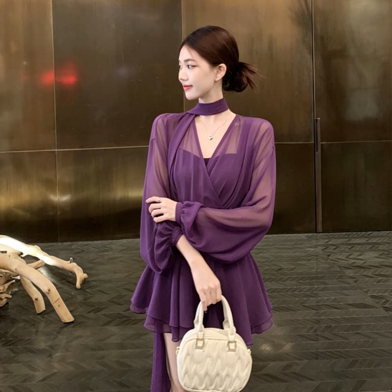프랑스식 V넥 긴팔 셔츠 드레스 2026 봄 여름 품격 섹시함 허리 수축 슬림해 보이는 쇼트 스타일 플리츠 쉬폰 스커트 상세 이미지 11