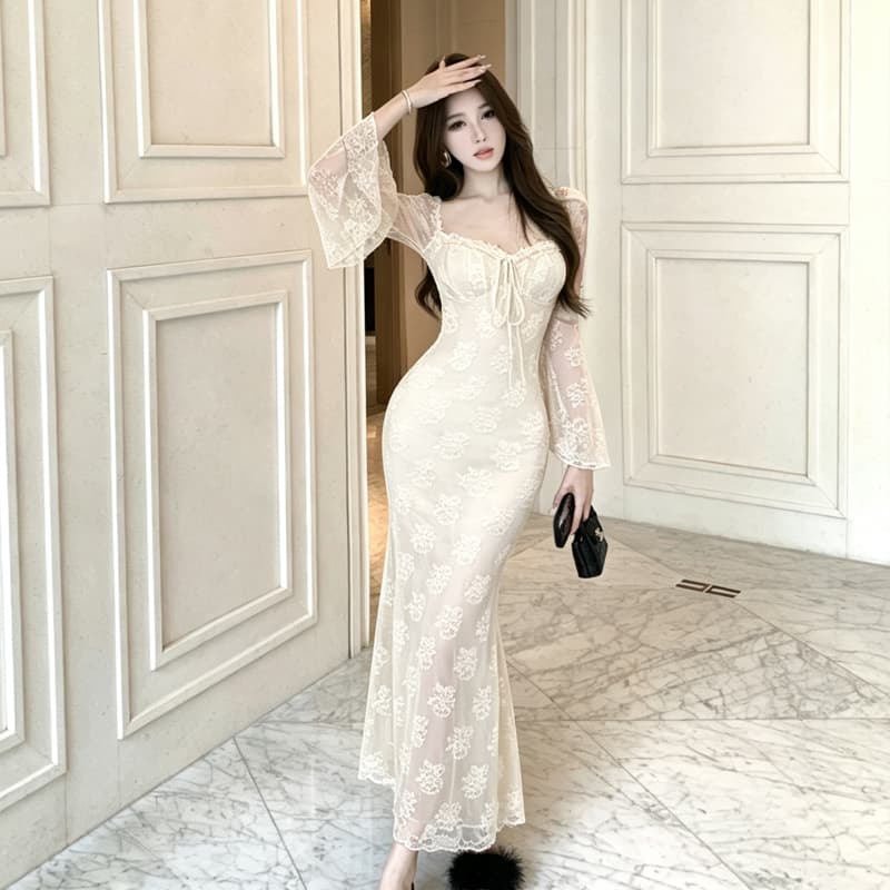 품격 섹시함 레이스 광장 칼라 나팔 소매 타이트 스커트 여성 드레스 봄 가을 새로운 디자인 센스 몸매 가꾸기 백리스 롱 스커트 상세 이미지 4
