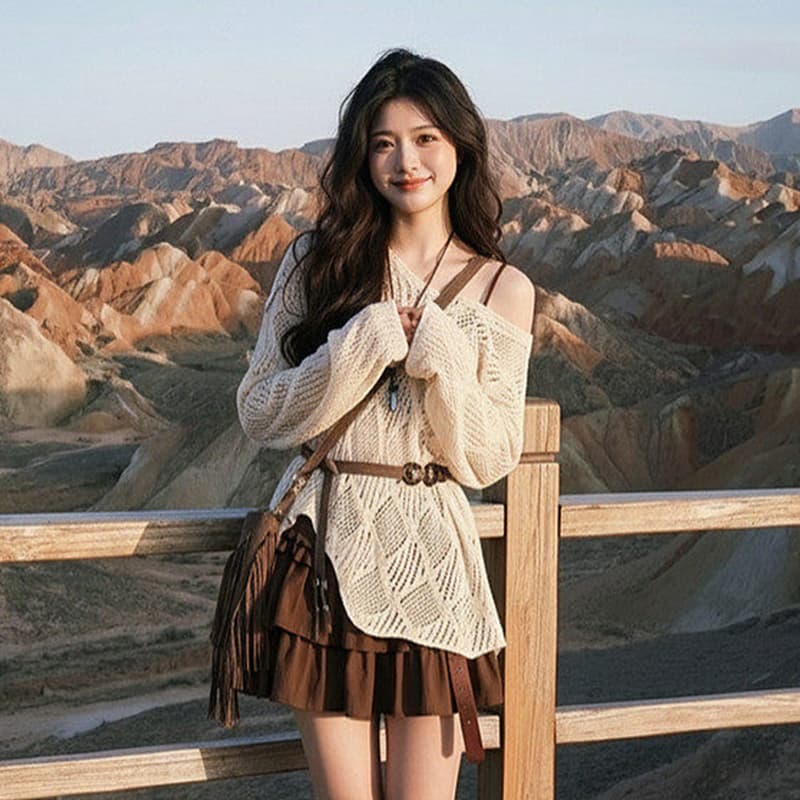 보헤미안 바람 비스듬한 어깨 홀로우 아웃 긴팔 니트 스웨터 여성 여름 외부 가져 가라. 얼음 실크 자외선 차단 블라우스 반신 치마 세트 이미지 2