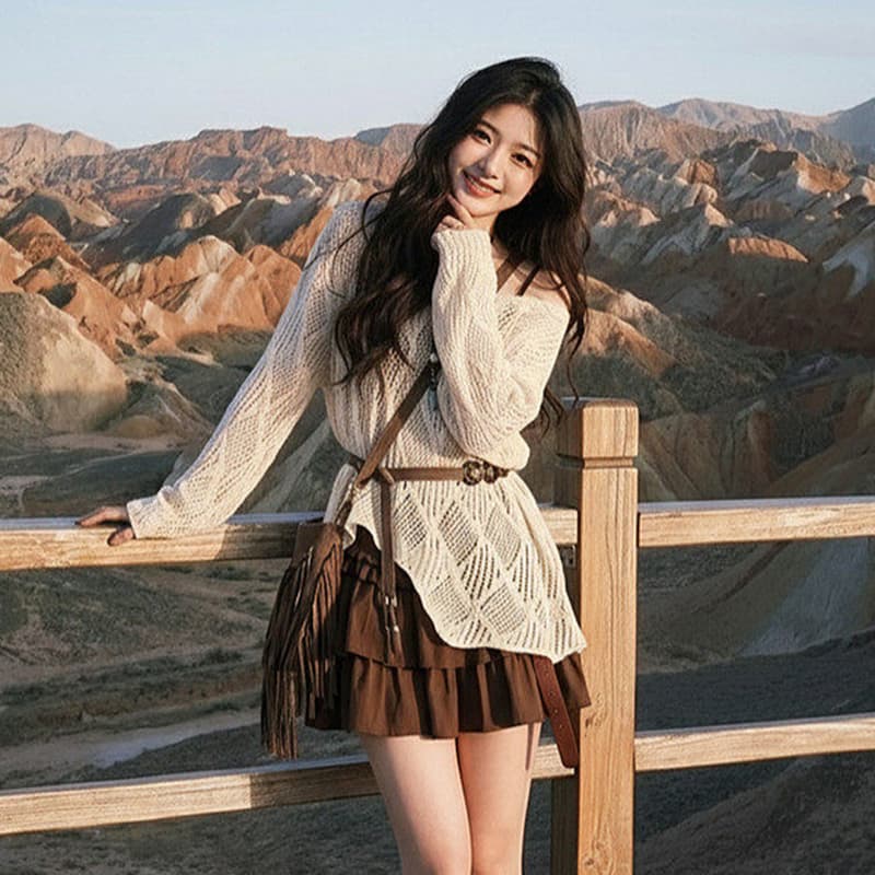 보헤미안 바람 비스듬한 어깨 홀로우 아웃 긴팔 니트 스웨터 여성 여름 외부 가져 가라. 얼음 실크 자외선 차단 블라우스 반신 치마 세트 이미지 3