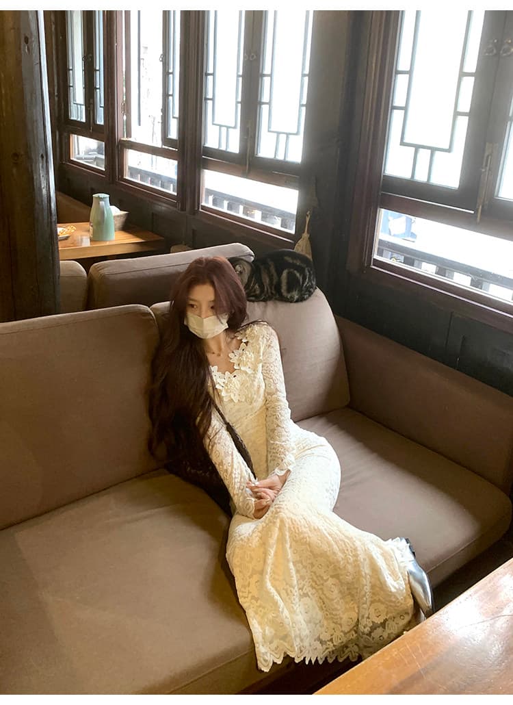 프랑스식 부드러운 바람 품격 길다 치마 2026 새로운 무거운 작업 꽃 레이스 치마 고유 한 슈퍼 잘 생긴 여성 드레스 상세 이미지 4