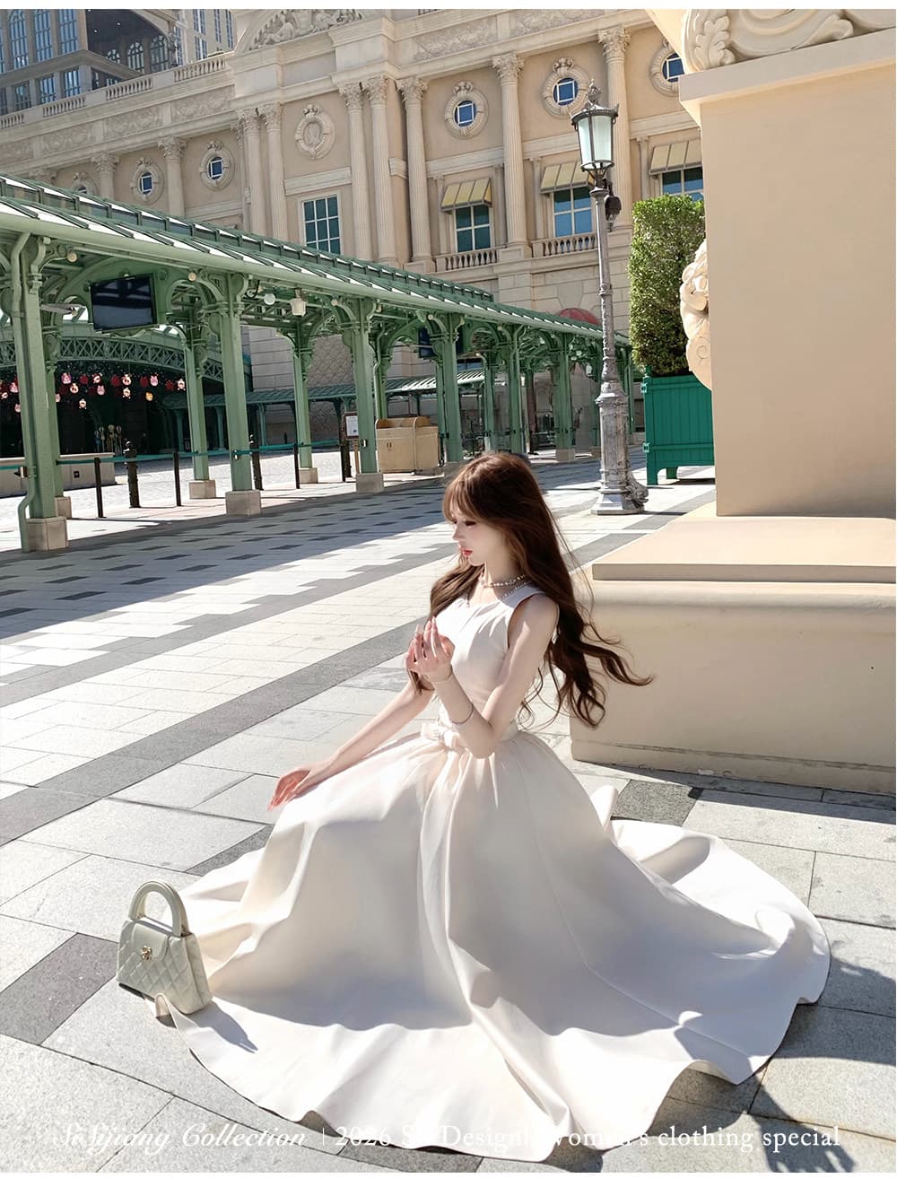 프랑스식 우아함 품격 허리 수축 민소매 스와로브스키 더블 색상 드레스 행사 치마 라운드 넥 민소매 하이웨이스트 롱 코트 빅 플레어 스커트 상세 이미지 5