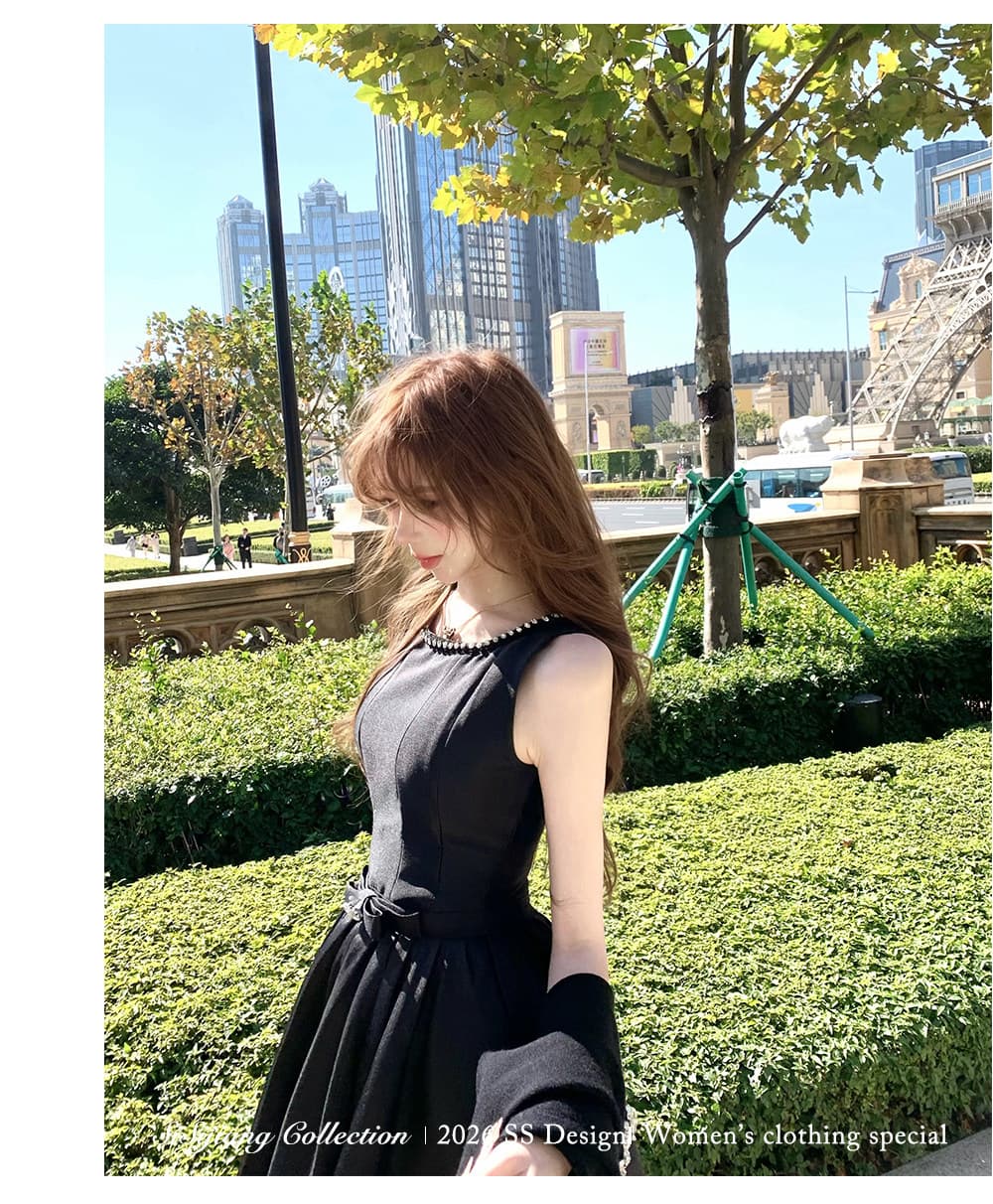 프랑스식 우아함 품격 허리 수축 민소매 스와로브스키 더블 색상 드레스 행사 치마 라운드 넥 민소매 하이웨이스트 롱 코트 빅 플레어 스커트 상세 이미지 11
