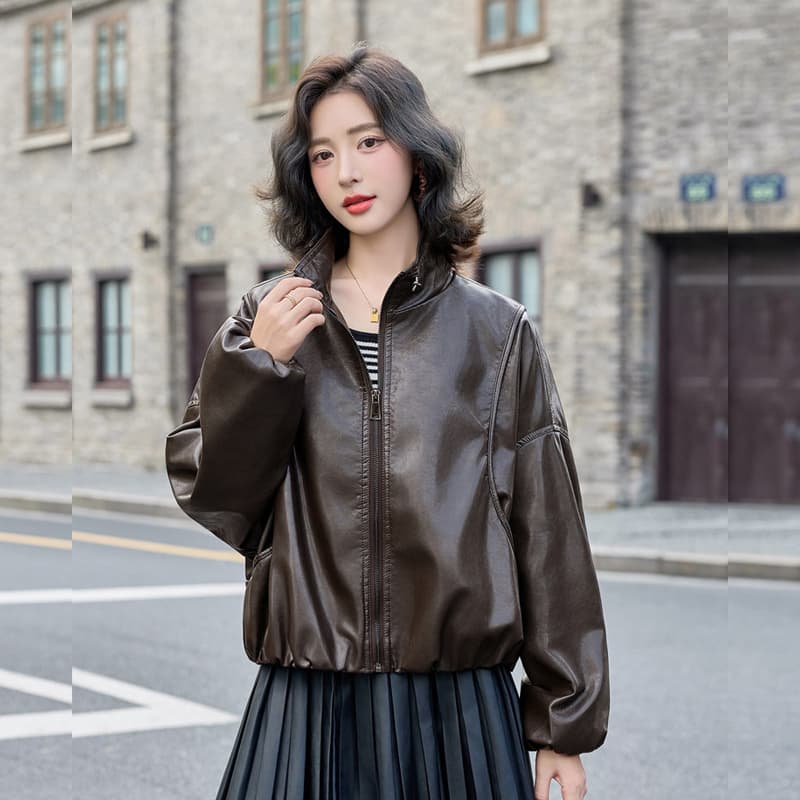 가죽 재킷 여성 코트 2026 봄 가을 새로운 항구 바람 레트로 루즈핏 쇼트 스타일 작은 키 슬림해 보이는 pu 오토바이 가죽 자켓 이미지 3