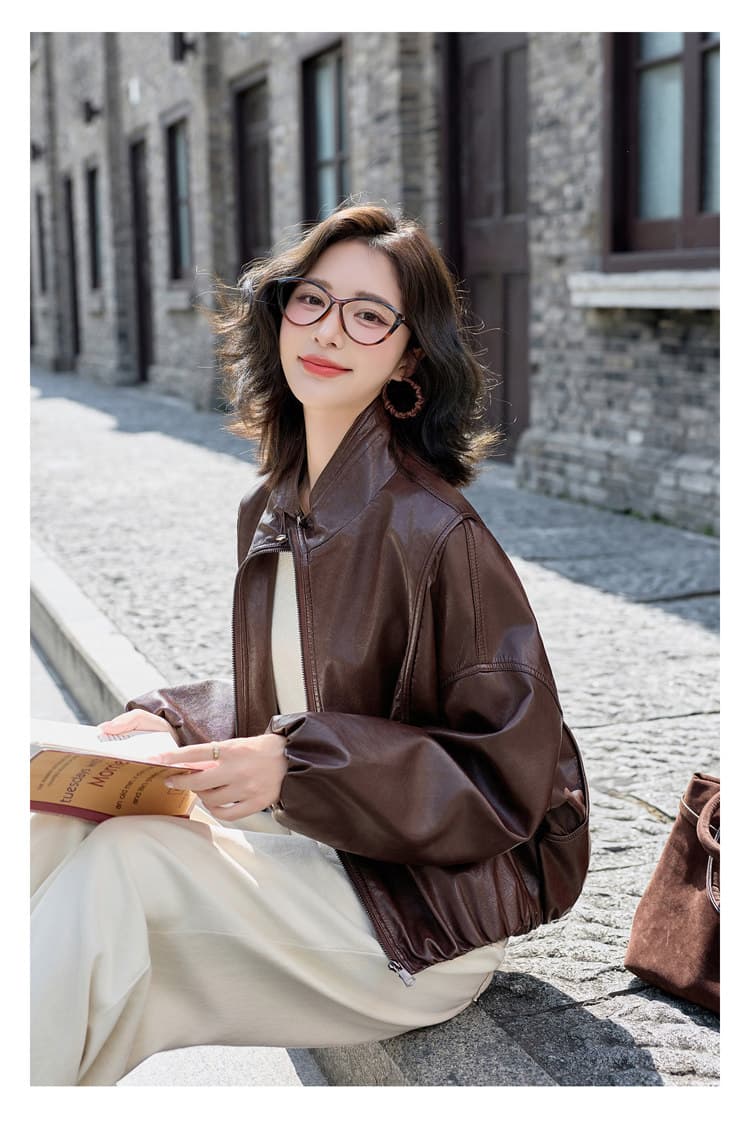 가죽 재킷 여성 코트 2026 봄 가을 새로운 항구 바람 레트로 루즈핏 쇼트 스타일 작은 키 슬림해 보이는 pu 오토바이 가죽 자켓 상세 이미지 13