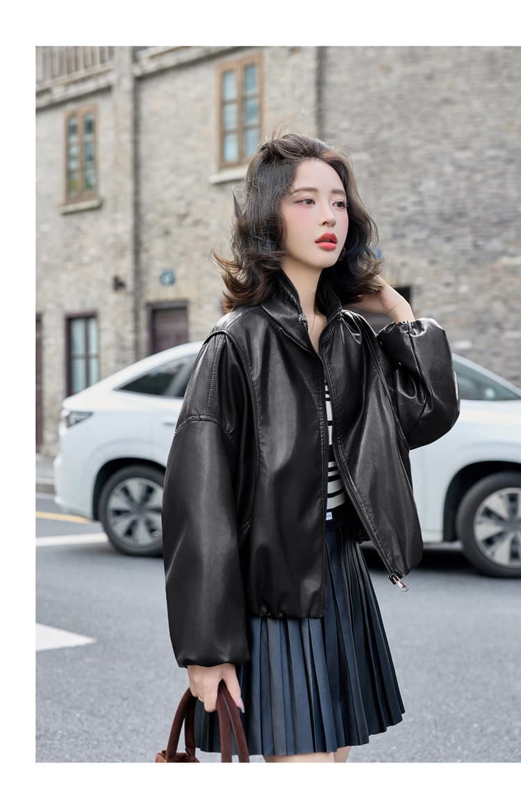 가죽 재킷 여성 코트 2026 봄 가을 새로운 항구 바람 레트로 루즈핏 쇼트 스타일 작은 키 슬림해 보이는 pu 오토바이 가죽 자켓 상세 이미지 18