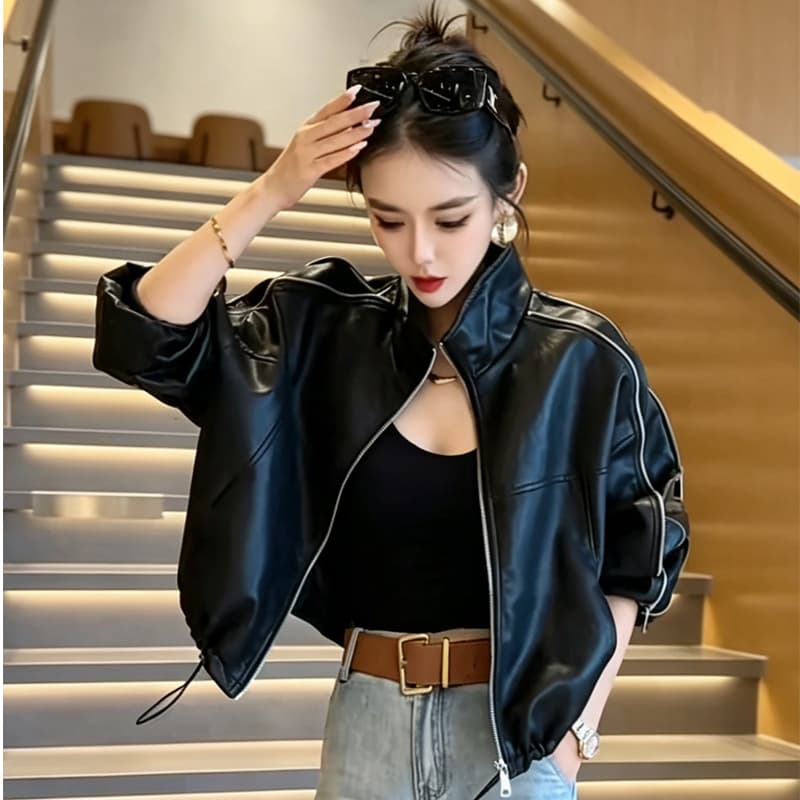 한 부서 쇼트 스타일 pu 가죽 재킷 여성 코트 2026 새로운 작은 키 캐주얼 품격 차가운 바람의 소리 오토바이 가죽 자켓 맨위