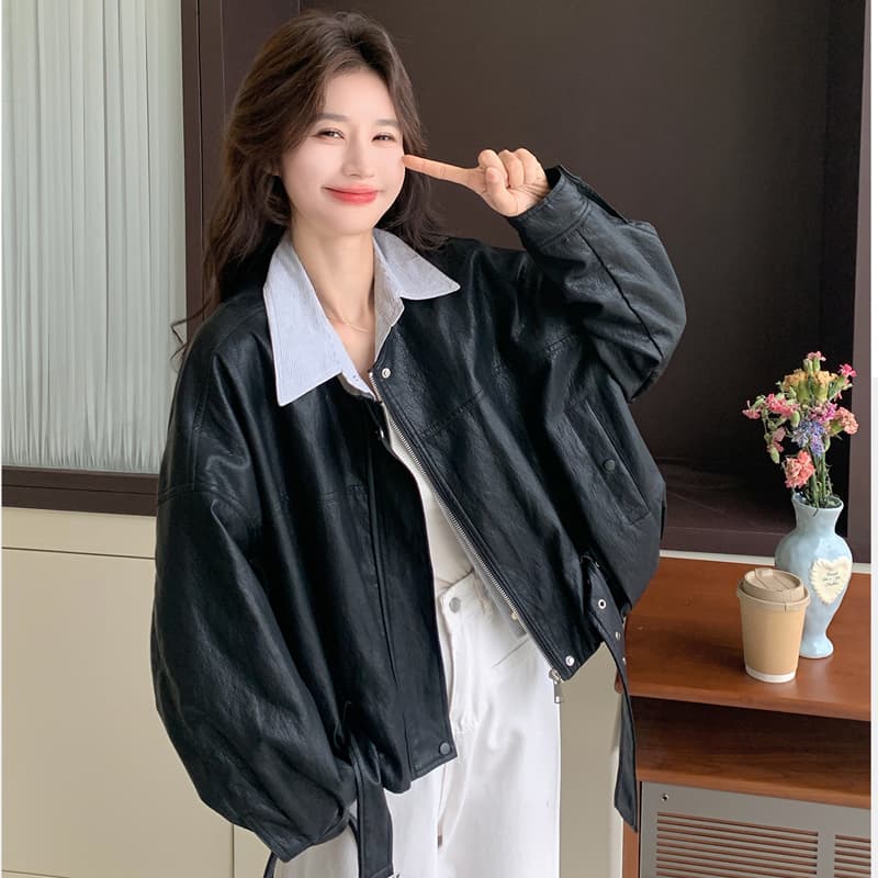 검정색 레트로 페이크 레이어드 가죽 재킷 여성 코트 봄 새로운 한 부서 고급 센스 차가운 바람의 소리 바람 루즈핏 프로필 모양 재킷 이미지 2