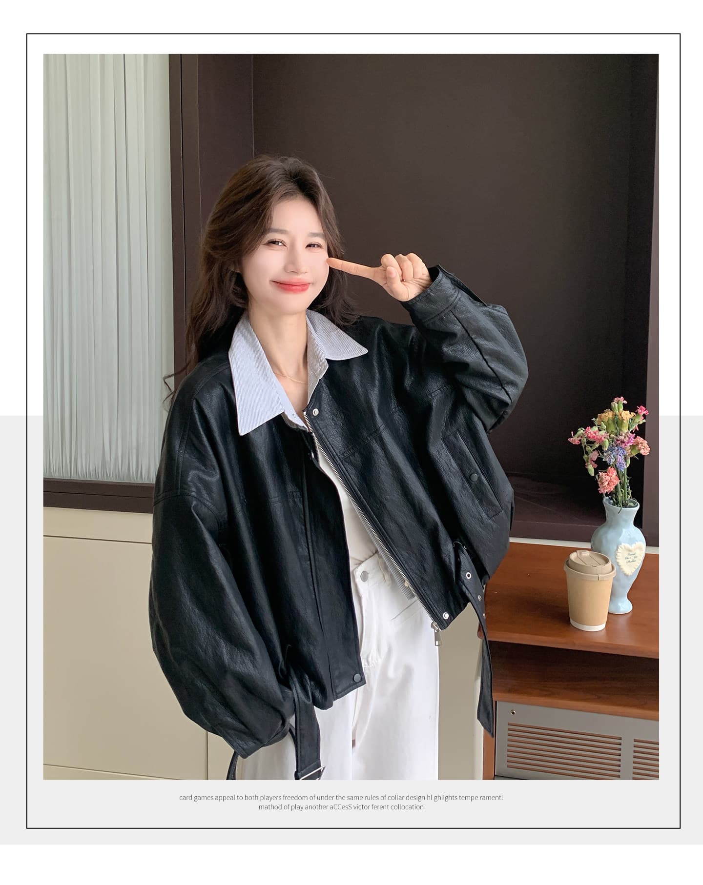 검정색 레트로 페이크 레이어드 가죽 재킷 여성 코트 봄 새로운 한 부서 고급 센스 차가운 바람의 소리 바람 루즈핏 프로필 모양 재킷 상세 이미지 6