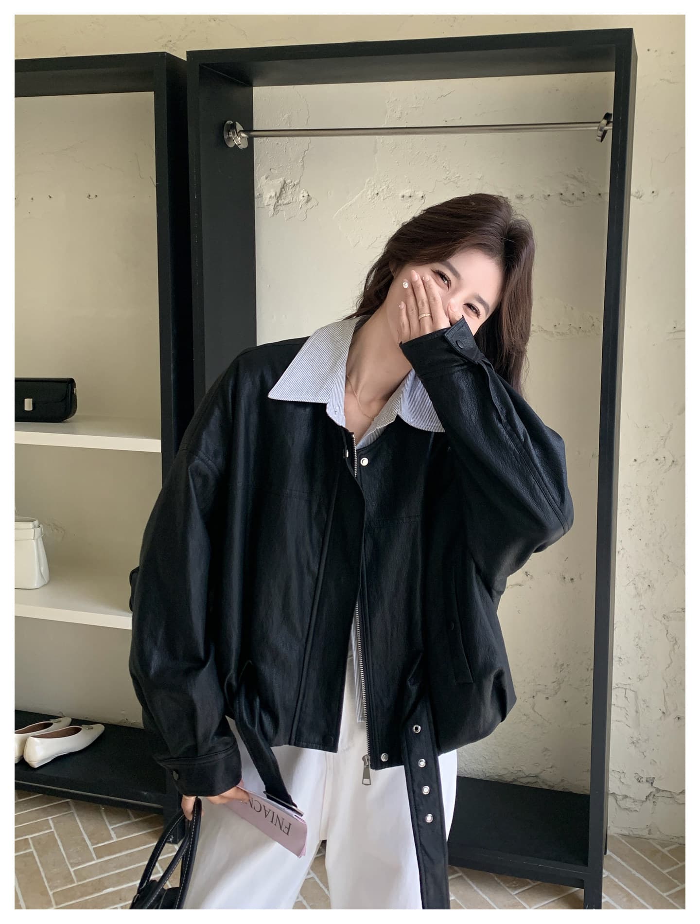 검정색 레트로 페이크 레이어드 가죽 재킷 여성 코트 봄 새로운 한 부서 고급 센스 차가운 바람의 소리 바람 루즈핏 프로필 모양 재킷 상세 이미지 9