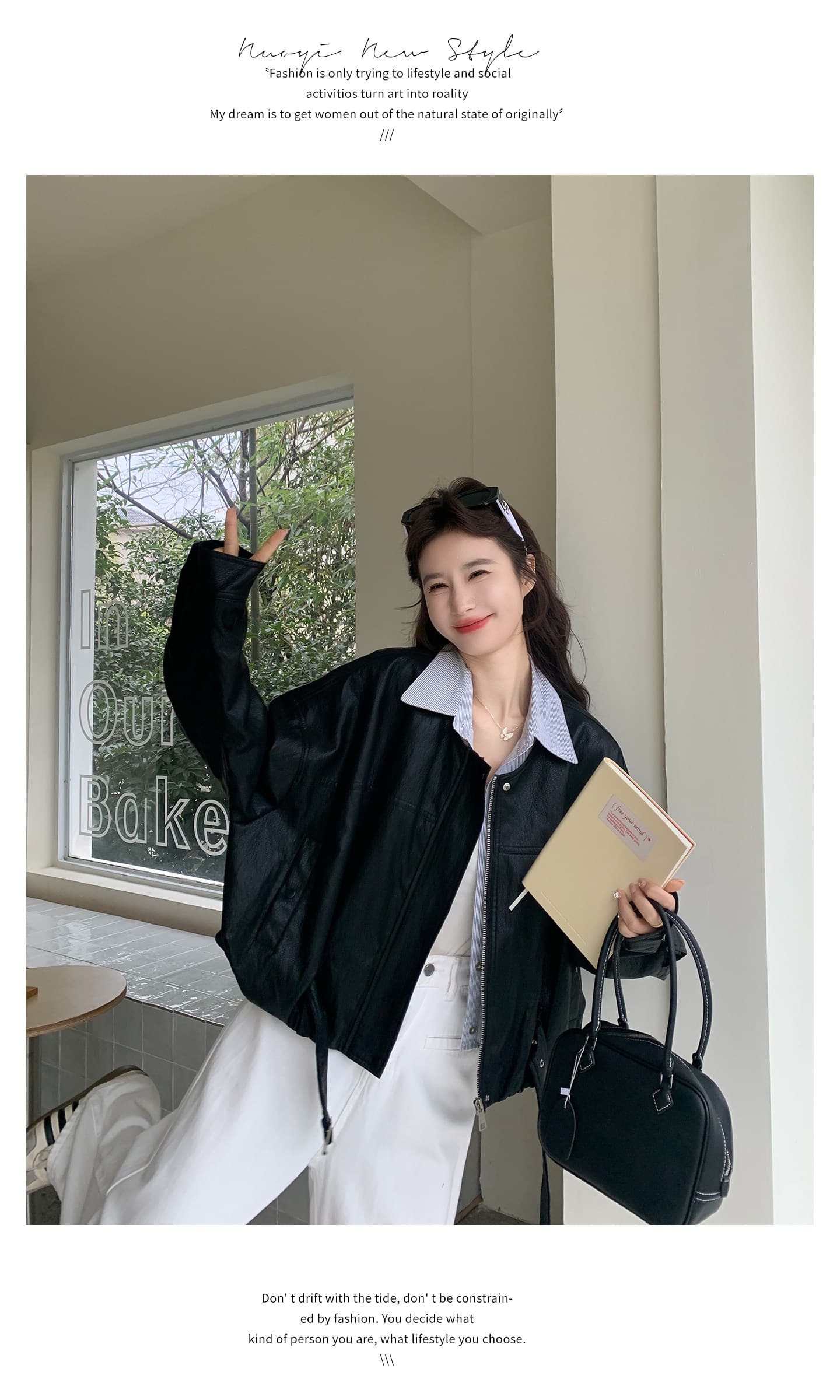 검정색 레트로 페이크 레이어드 가죽 재킷 여성 코트 봄 새로운 한 부서 고급 센스 차가운 바람의 소리 바람 루즈핏 프로필 모양 재킷 상세 이미지 14