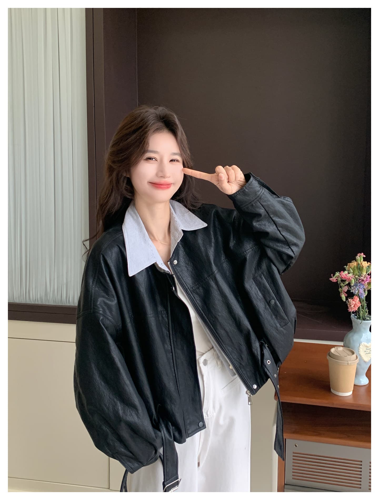 검정색 레트로 페이크 레이어드 가죽 재킷 여성 코트 봄 새로운 한 부서 고급 센스 차가운 바람의 소리 바람 루즈핏 프로필 모양 재킷 상세 이미지 22