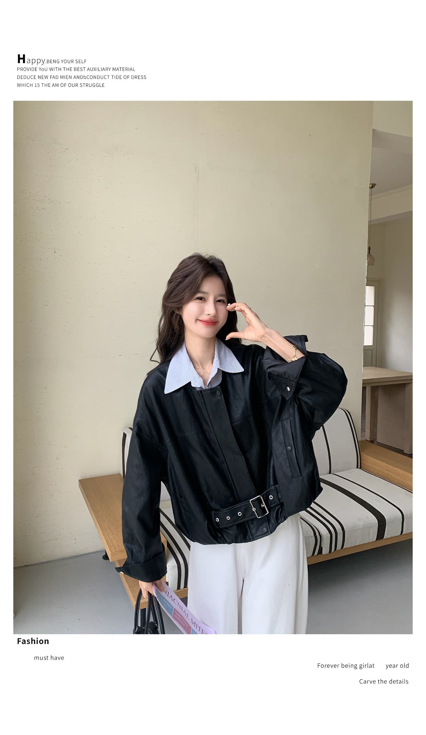검정색 레트로 페이크 레이어드 가죽 재킷 여성 코트 봄 새로운 한 부서 고급 센스 차가운 바람의 소리 바람 루즈핏 프로필 모양 재킷 상세 이미지 23