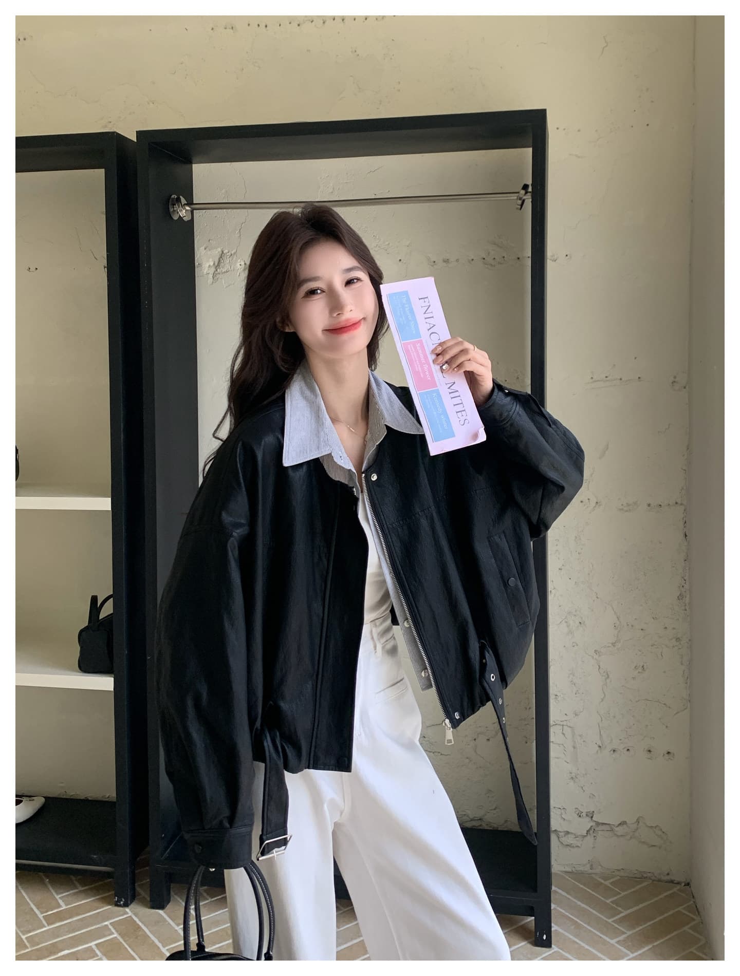 검정색 레트로 페이크 레이어드 가죽 재킷 여성 코트 봄 새로운 한 부서 고급 센스 차가운 바람의 소리 바람 루즈핏 프로필 모양 재킷 상세 이미지 25