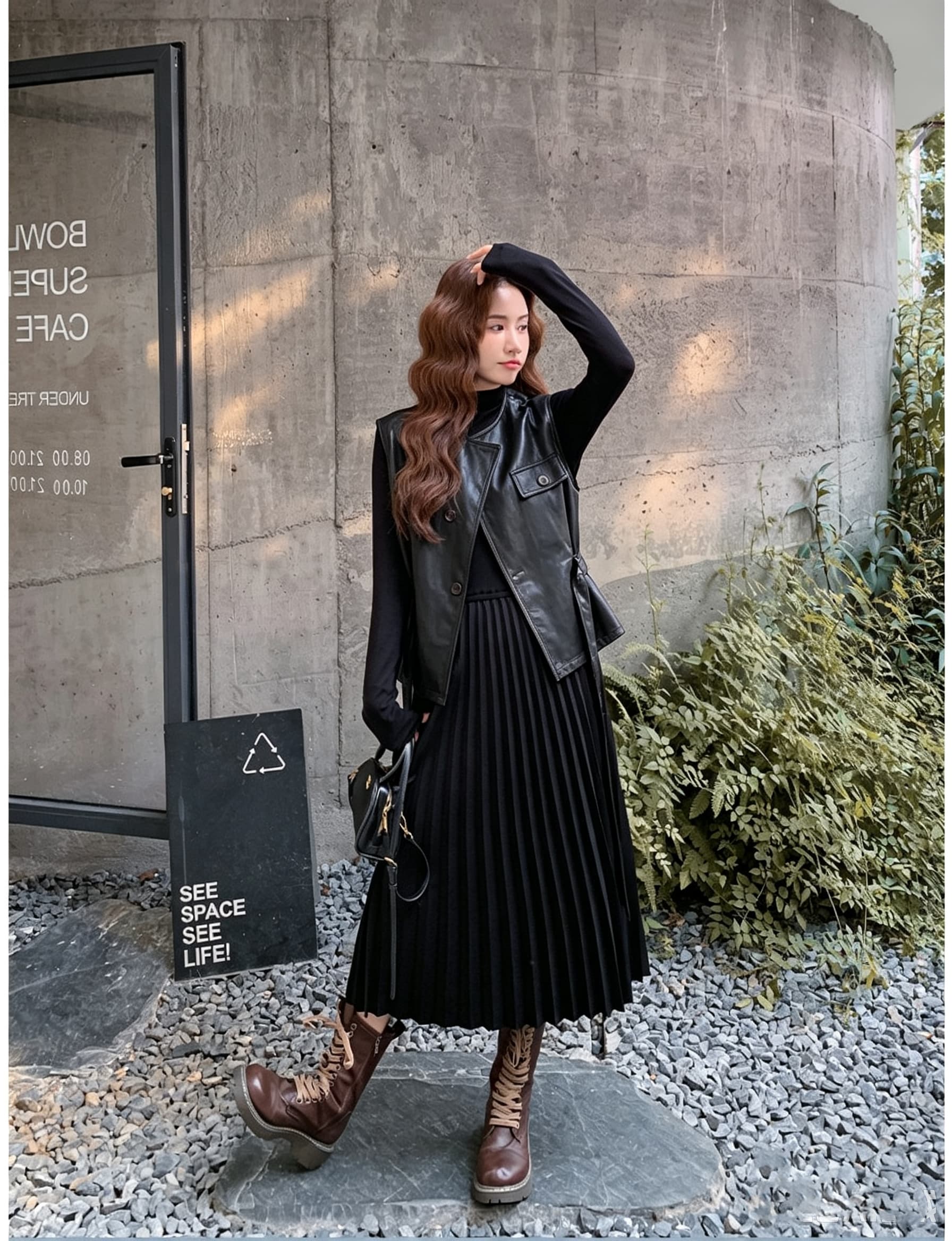 PU 가죽 레이스업 허리 수축 베스트 긴팔 플리츠 드레스 투피스 세트 가죽 재킷 조끼 루즈핏 세트 드레스 아이들 상세 이미지 23
