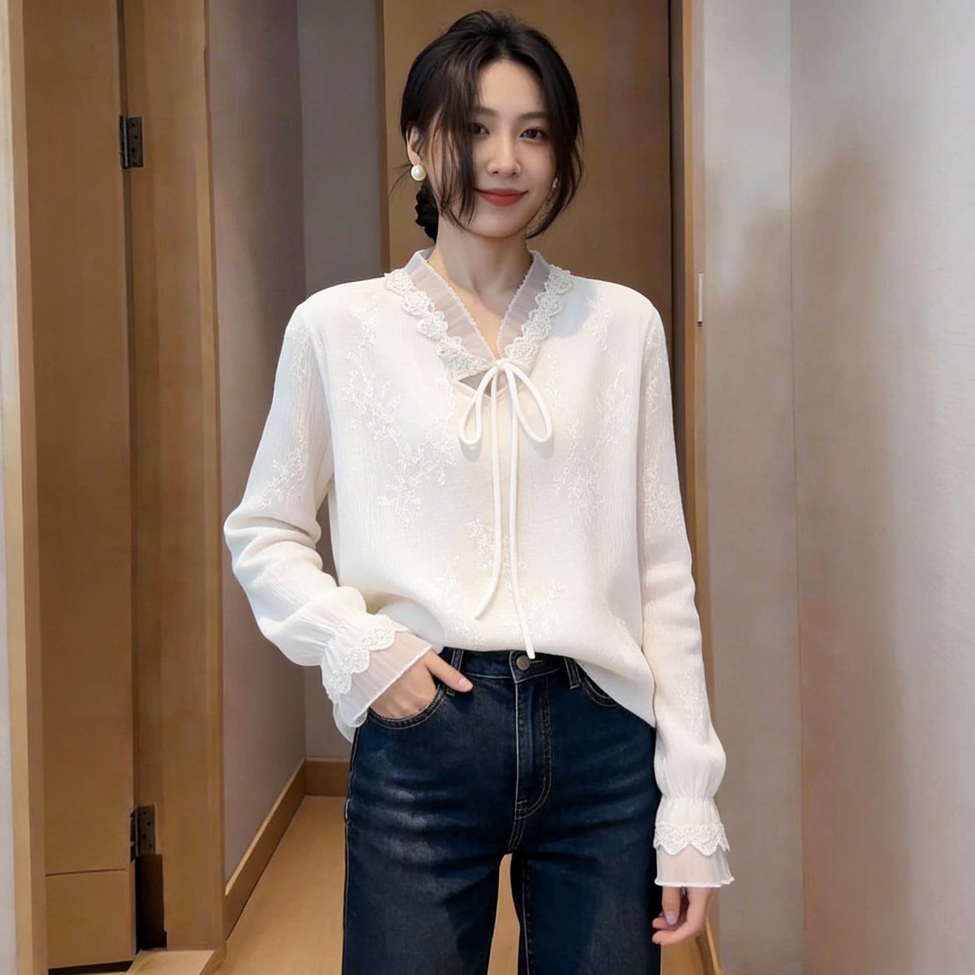 레이스 조각 화이트 긴팔 여성 셔츠 2026 새로운 봄 고급 센스 빛 럭셔리 연령 감소 외국 가스 셔츠 맨위 상세 이미지 3