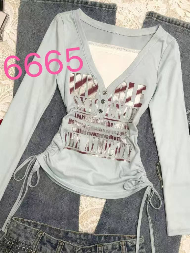 아메리칸 레트로 프린트 페이크 레이어드 긴팔 티셔츠 열기 봄 새로운 Chic 펌프 로프 허리 수축 기본 셔츠 맨위 트렌디