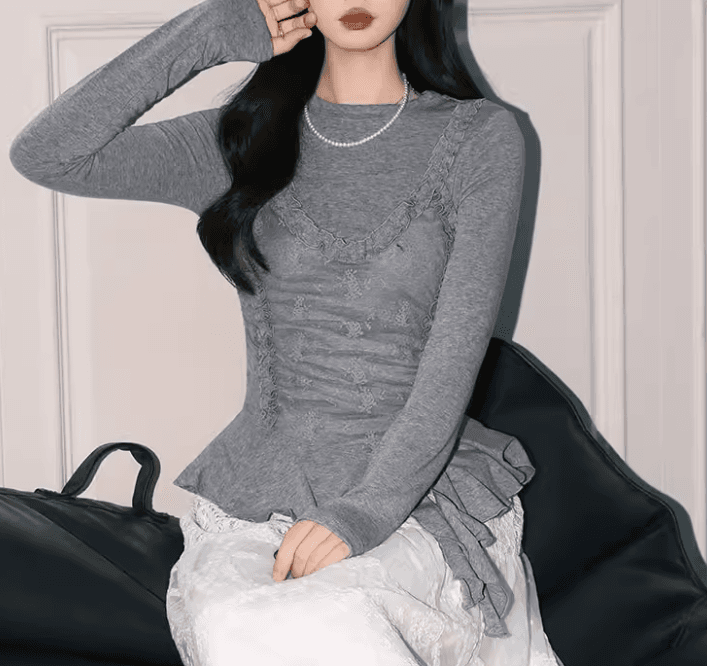 2026 고급 슈퍼 잘 생긴 레이스 조각 라운드 넥 긴팔 티셔츠 여성 새로운 화이트 허리 수축 연꽃 잎 레이스 맨위 상세 이미지 1