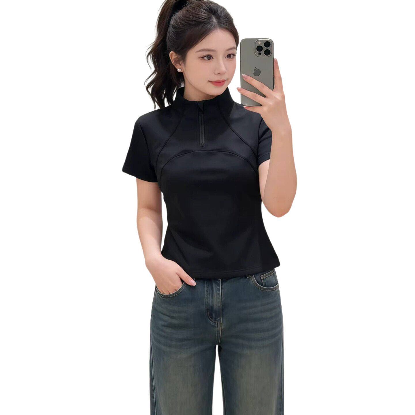 2026 새로운 핫걸 반 개방 지퍼 스탠드 칼라 짧은 t 몸매 가꾸기 허리 수축 패치워크 슬림해 보이는 운동 반팔 디자인 센스 이미지 5