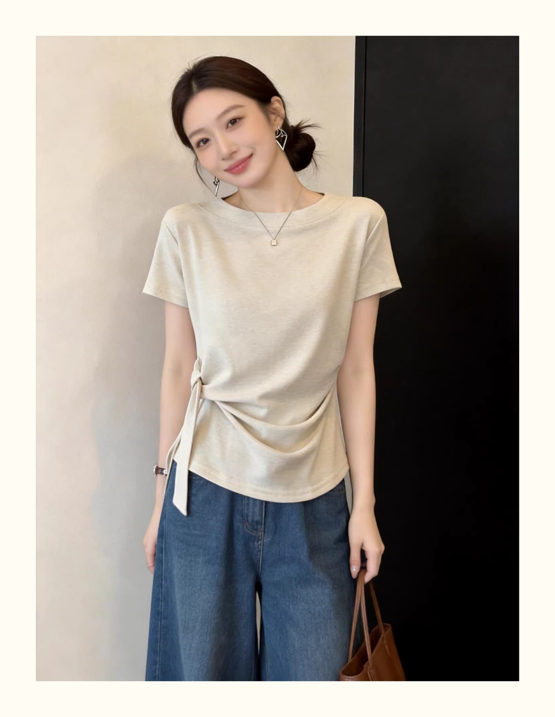 오트밀 색상 라운드 넥 레이스업 허리 수축 반팔 티셔츠 여성 여름 마이크로 지방 mm 빅 사이즈 몸매 가꾸기 슬림해 보이는 디자인 센스 맨위 상세 이미지 2