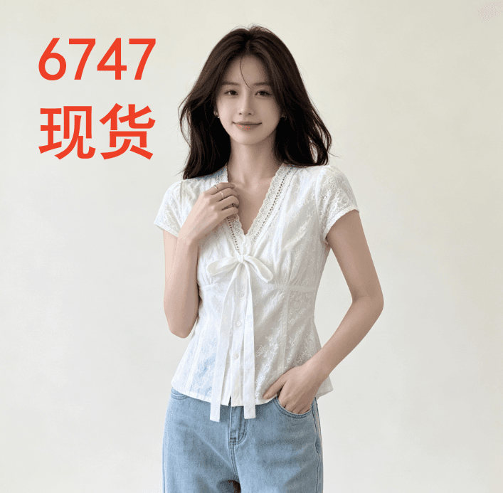 출퇴근 바람 V넥 나비 매듭 반팔 여성 셔츠 여름 새로운 화이트 허리 수축 몸매 가꾸기 슬림해 보이는 맨위
