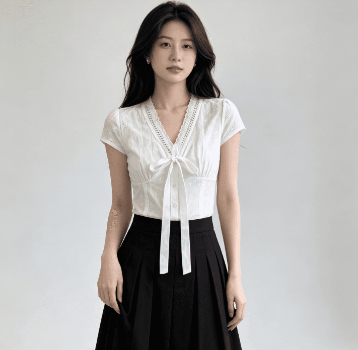 출퇴근 바람 V넥 나비 매듭 반팔 여성 셔츠 여름 새로운 화이트 허리 수축 몸매 가꾸기 슬림해 보이는 맨위 이미지 2