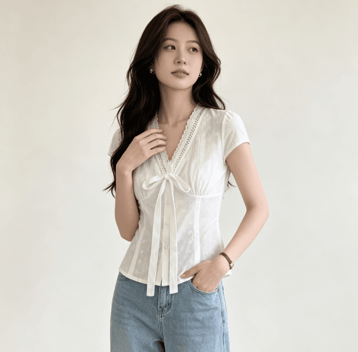 출퇴근 바람 V넥 나비 매듭 반팔 여성 셔츠 여름 새로운 화이트 허리 수축 몸매 가꾸기 슬림해 보이는 맨위 이미지 4